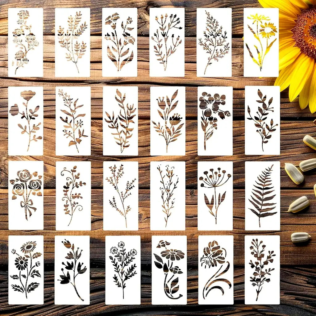 Pochoir dessin enfant en lot, planches motifs botaniques rectangulaires sur table bois