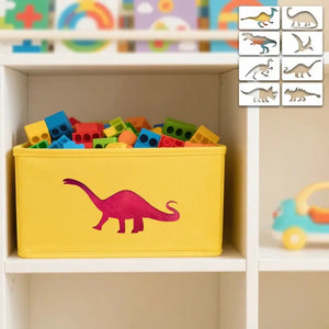 Pochoir Dinosaure rose sur boîte de rangement jouets enfant