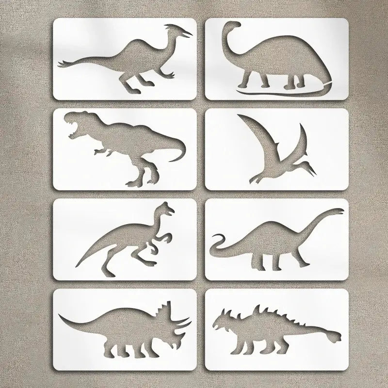 Pochoir Dinosaure vue d'ensemble des huit silhouettes