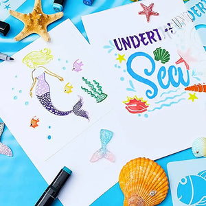 Pochoir enfant scène sirène, démonstration aquarelle et lettrage Under the Sea coloré marin