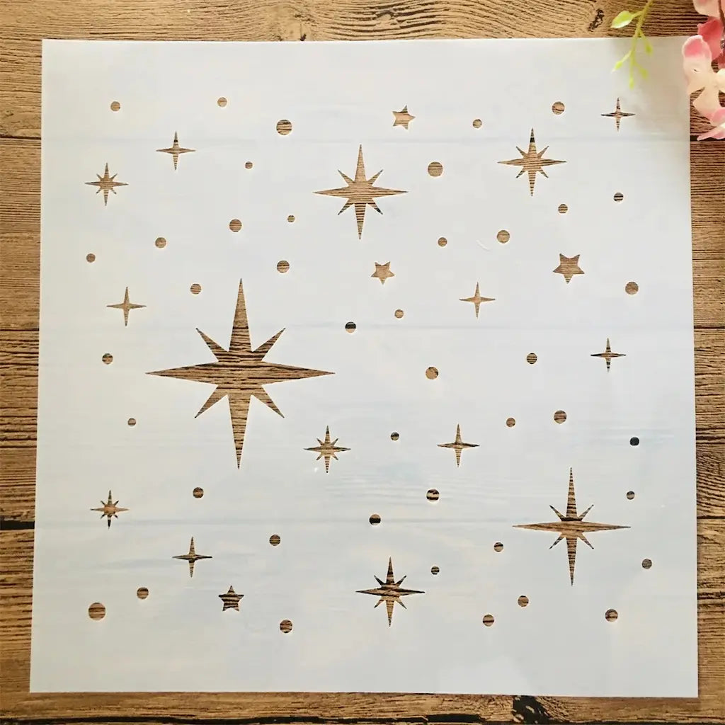 Pochoir étoile étoiles à 4 et 5 branches mélangées et points épars, ciel étoilé format carré