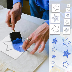 Pochoir Étoiles en cours d'application en bleu sur tissu