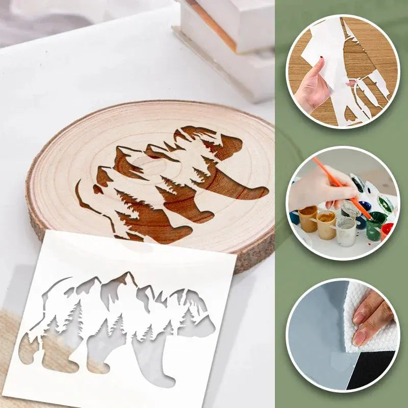 Pochoir Faune motif ours appliqué sur rondin de bois naturel