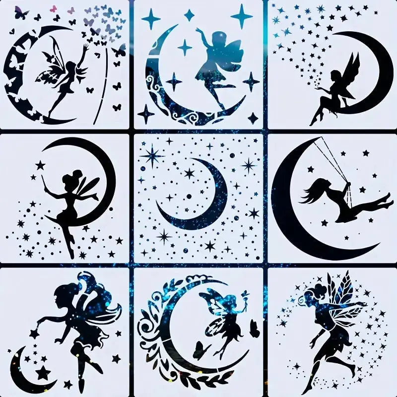 Pochoir fée lot 9 planches : silhouettes ailées sur croissants de lune, étoiles et papillons