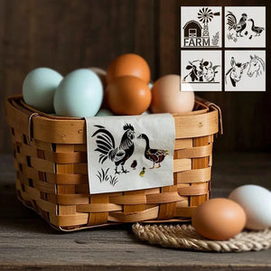 Pochoir Ferme coq et canard sur torchon de cuisine