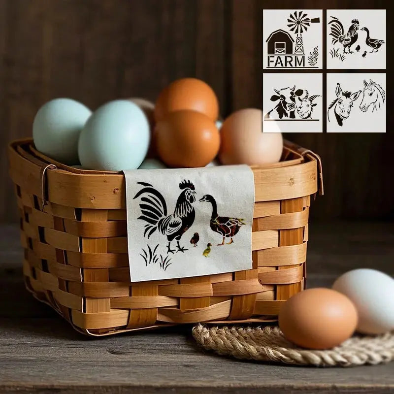 Pochoir Ferme coq et canard sur torchon de cuisine