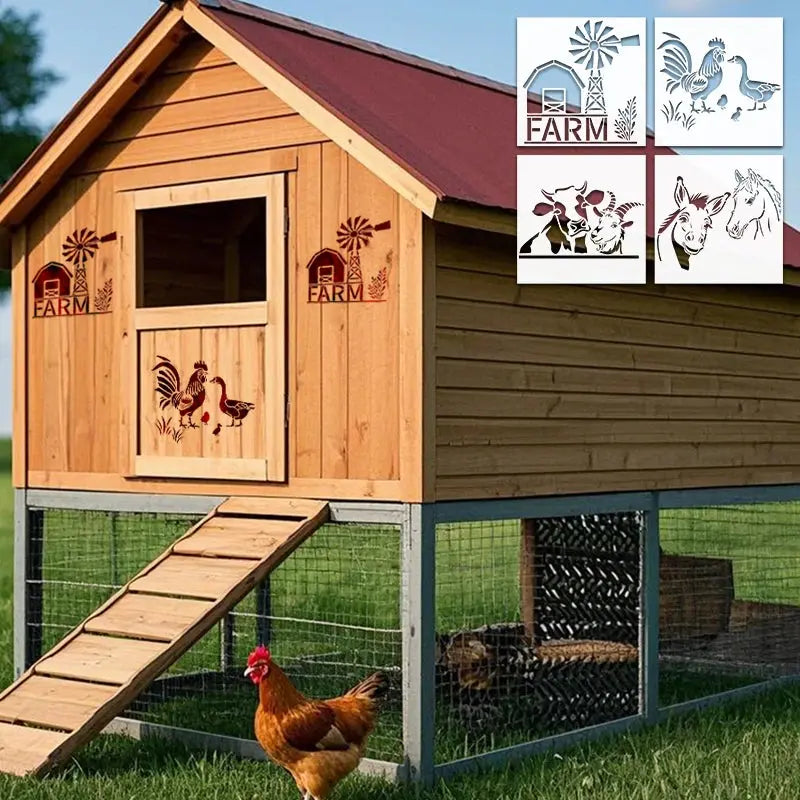 Pochoir Ferme motif rouge sur cabane à poules en bois