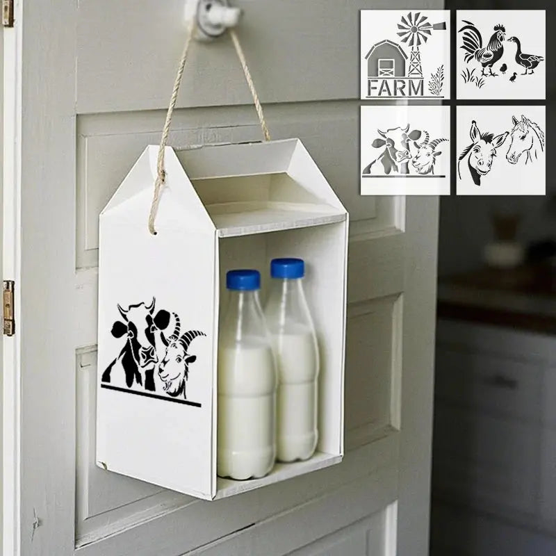 Pochoir Ferme vache et chèvre sur boîte à lait