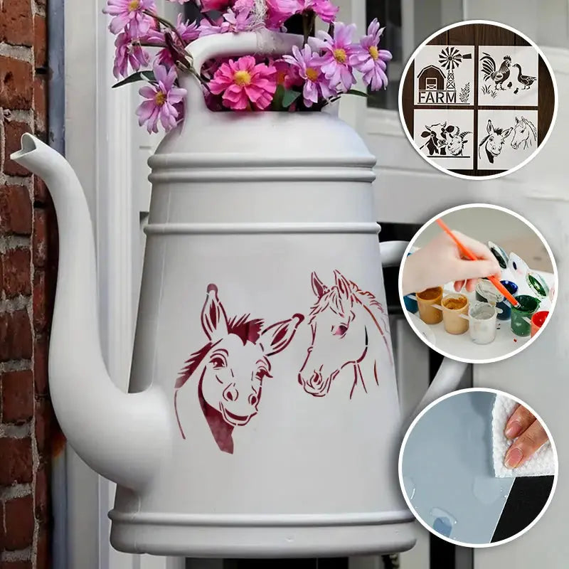 Pochoir Ferme âne et cheval sur cruche décorative