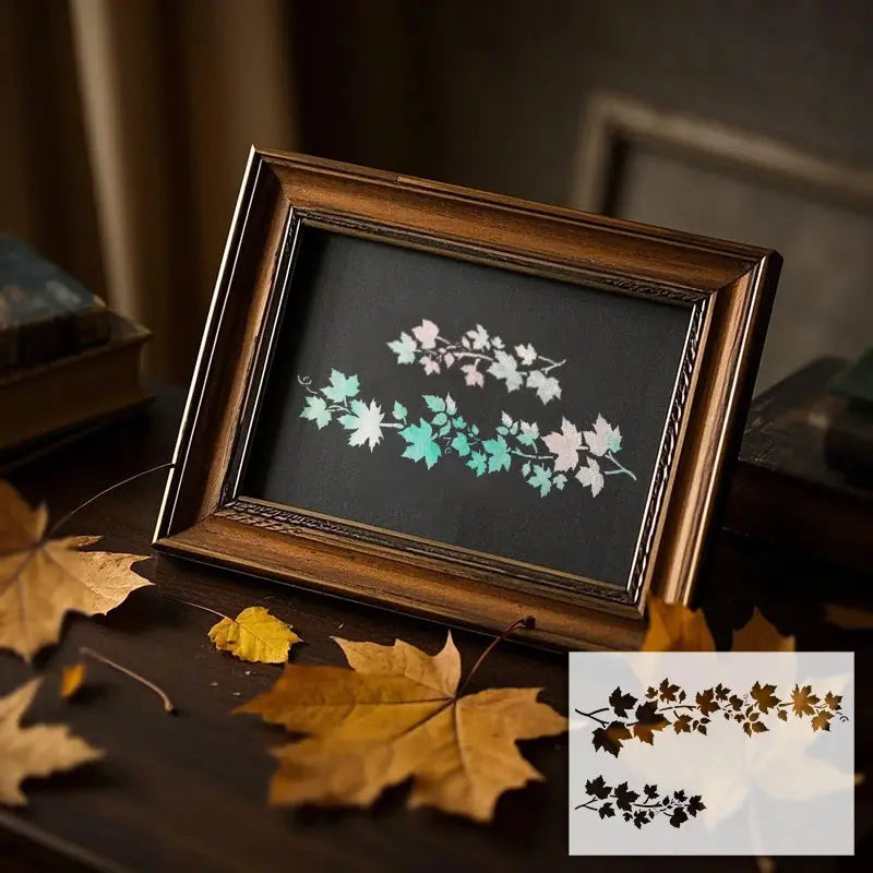 Pochoir Feuillage pastel encadré dans cadre en bois rustique