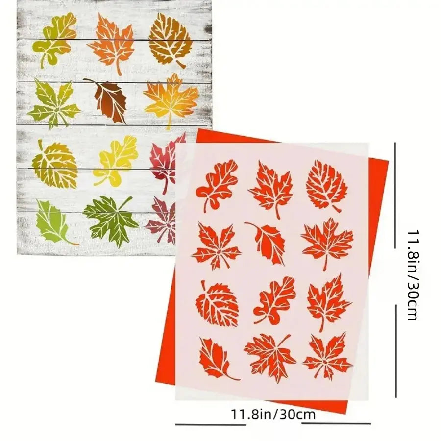 Pochoir feuille chêne format 30 cm, feuilles automne peintes colorées sur planche bois