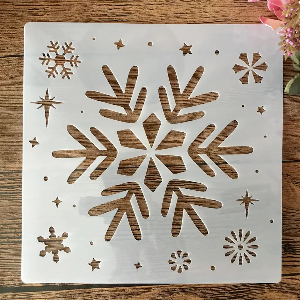 Pochoir flocon de neige cristal pétales larges, étoiles à 4 branches en accent format carré