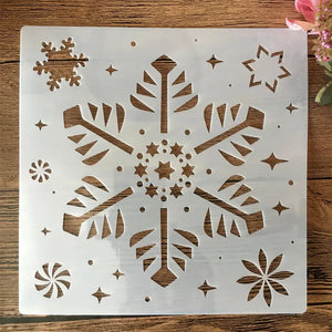 Pochoir flocon de neige motif rayé central rond, étoile à six branches et fleur en coin