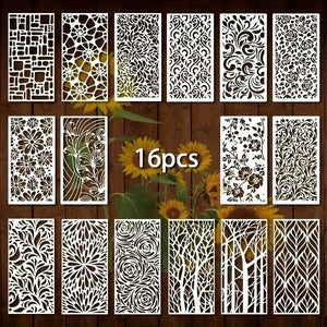 Pochoir floral décoratif lot 16 panneaux, motifs floraux et géométriques rectangulaires ajourés
