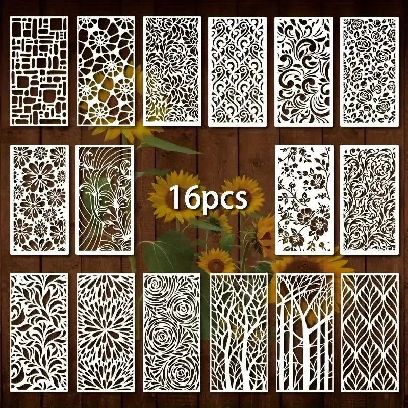 Pochoir floral décoratif lot 16 panneaux, motifs floraux et géométriques rectangulaires ajourés