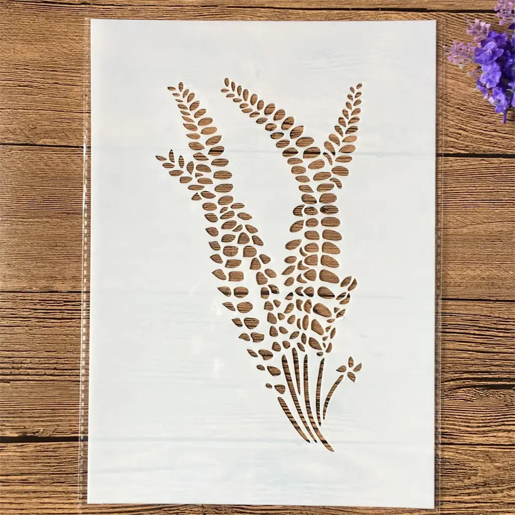 Pochoir fougère deux frondes ajourées en mosaïque, brin de lavande violet en accent fond bois