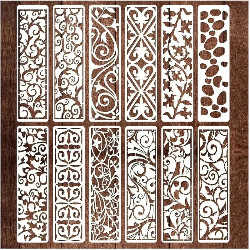 Pochoir frise florale lot 12 panneaux verticaux, motifs rinceaux et fleurs ajourées