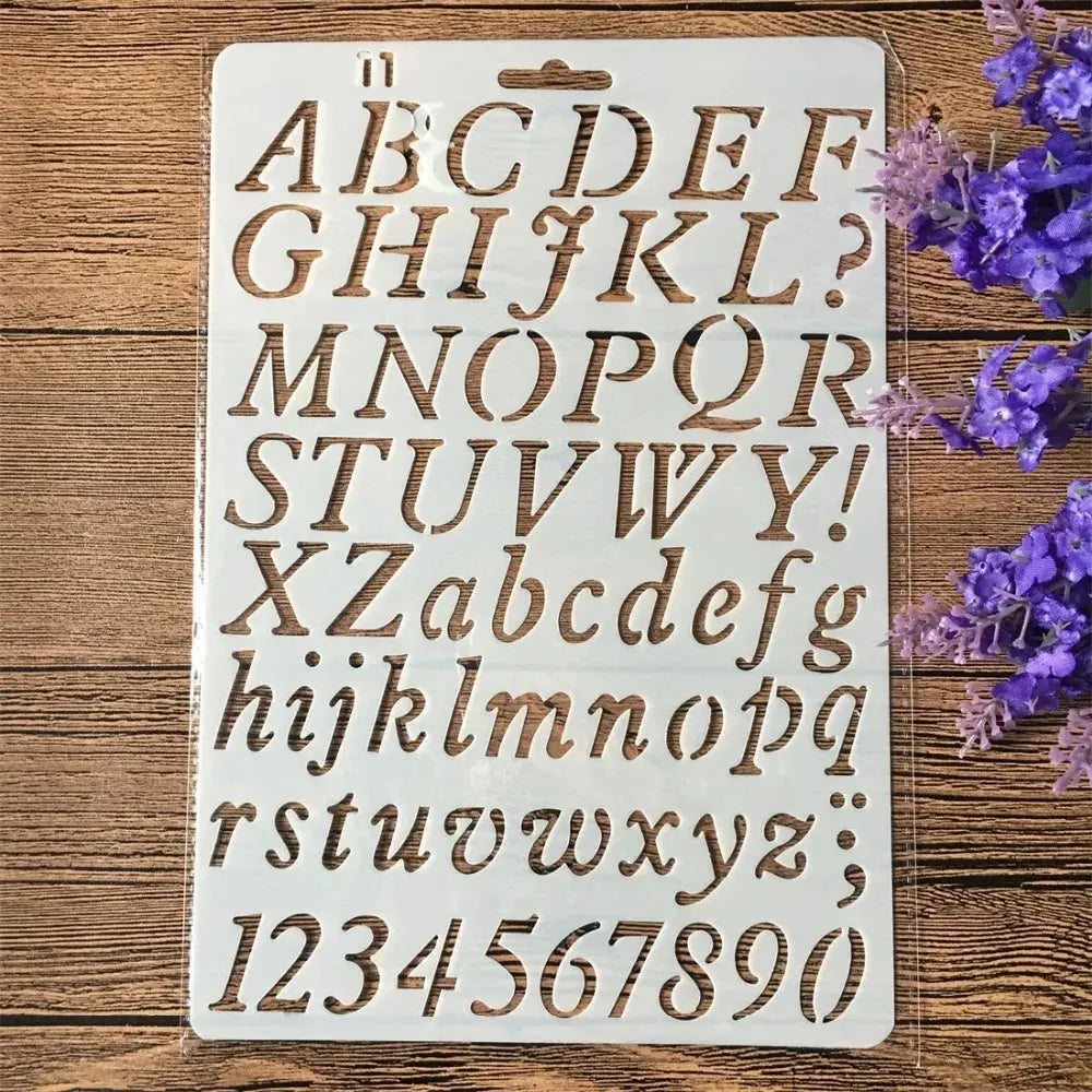 Pochoir grande lettre alphabet planche 1 police serif, majuscules minuscules ponctuation chiffres