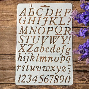 Pochoir grande lettre alphabet planche 1 police serif, majuscules minuscules ponctuation chiffres