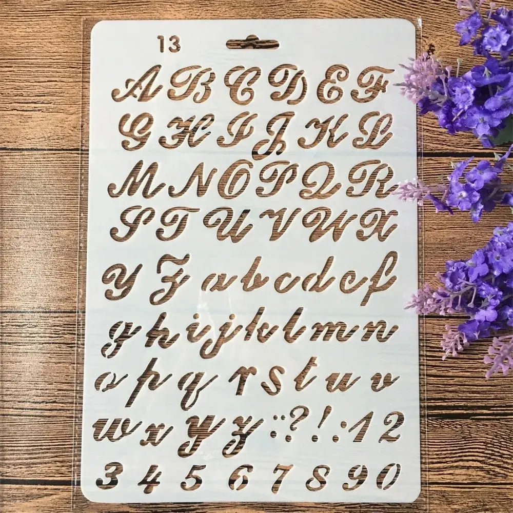 Pochoir grande lettre alphabet planche 13 cursive italique, double casse chiffres et ponctuation