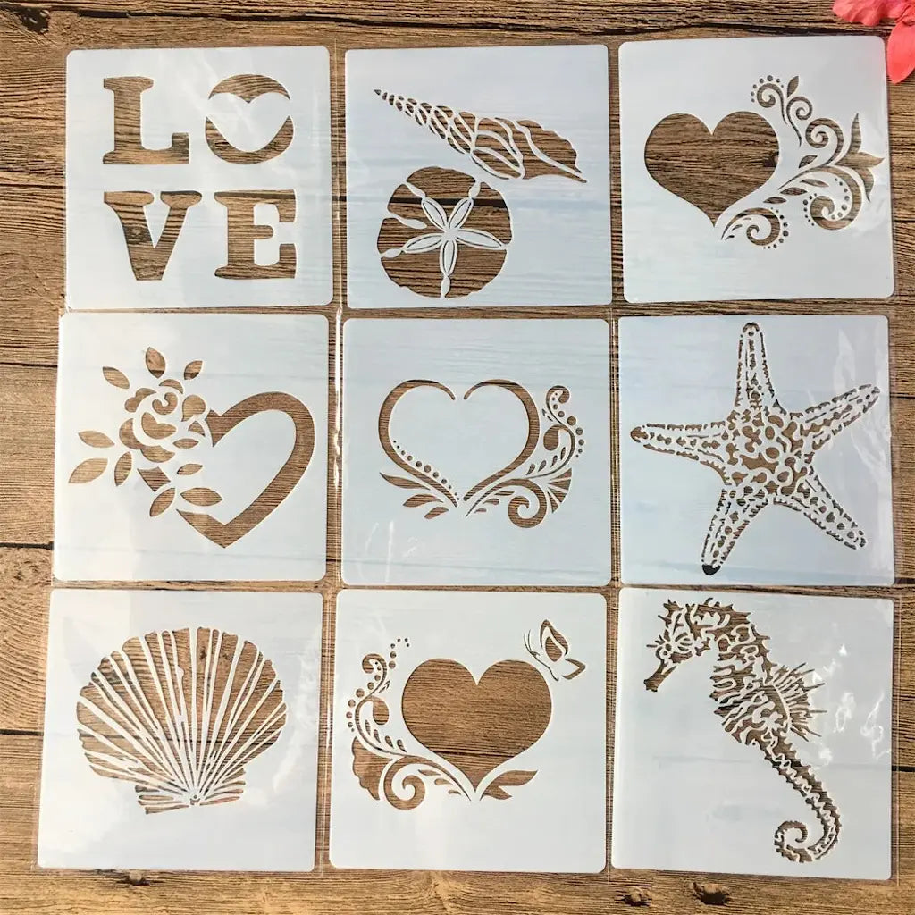 Pochoir hippocampe lot 9 motifs marins : Love coquillage cœurs étoile de mer et hippocampe