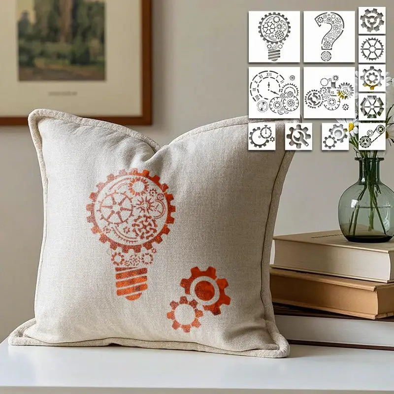 Pochoir Horloge ampoule mécanique rouge sur housse de coussin