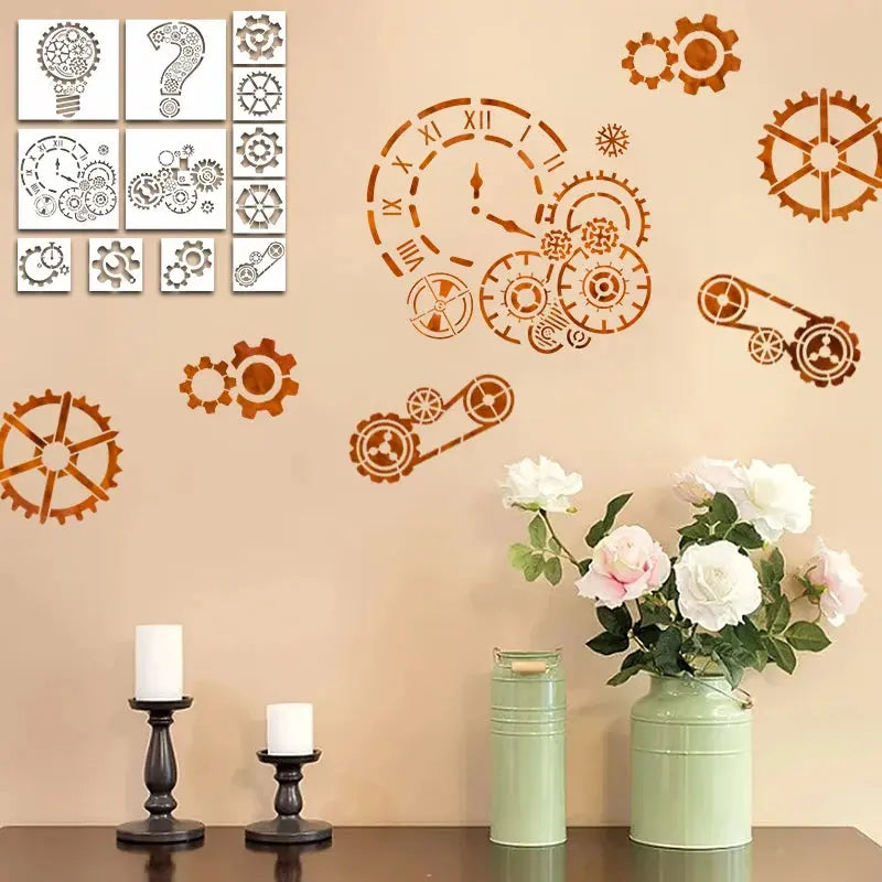 Pochoir Horloge cadran roman engrenages sur mur d'intérieur