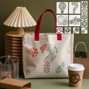 Pochoir Horloge point d'interrogation engrenages sur sac toile