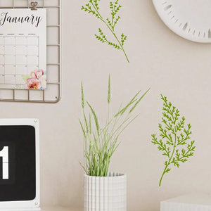 Pochoir imperméable branches vertes peintes au mur, calendrier janvier et pot blanc