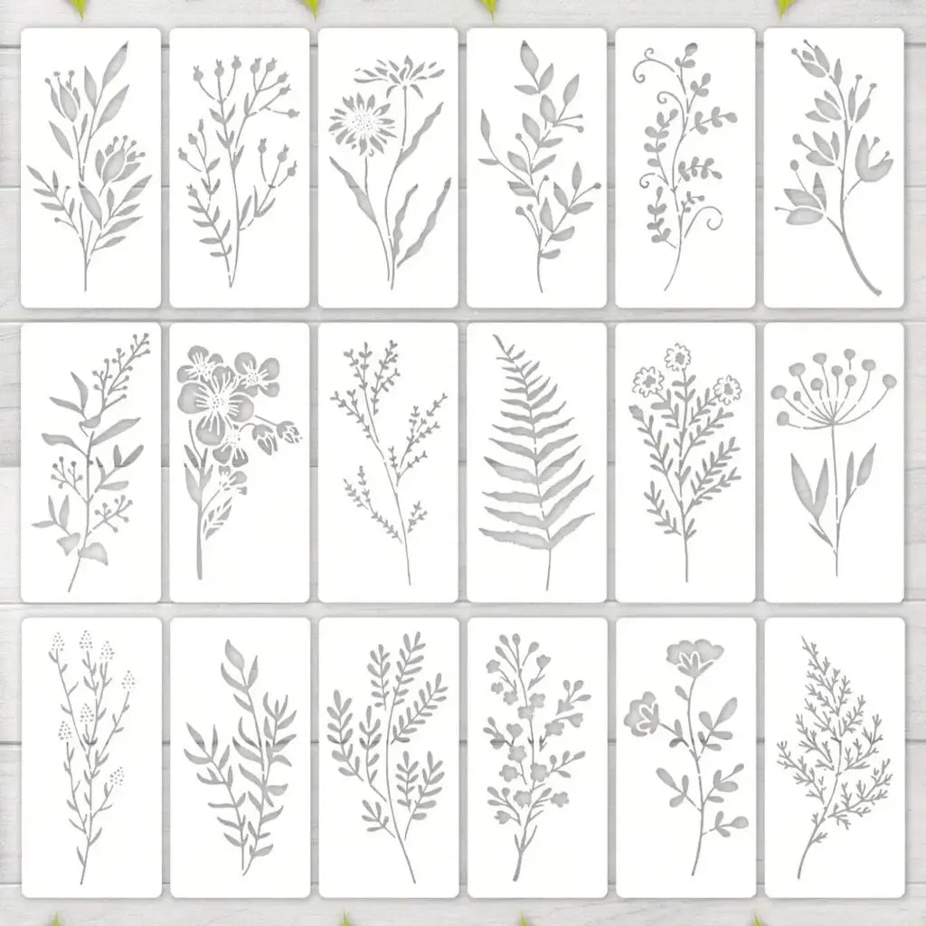 Pochoirs imperméables réutilisables, 18 motifs botaniques fleurs et feuillages assortis