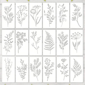 Pochoirs imperméables réutilisables, 18 motifs botaniques fleurs et feuillages assortis