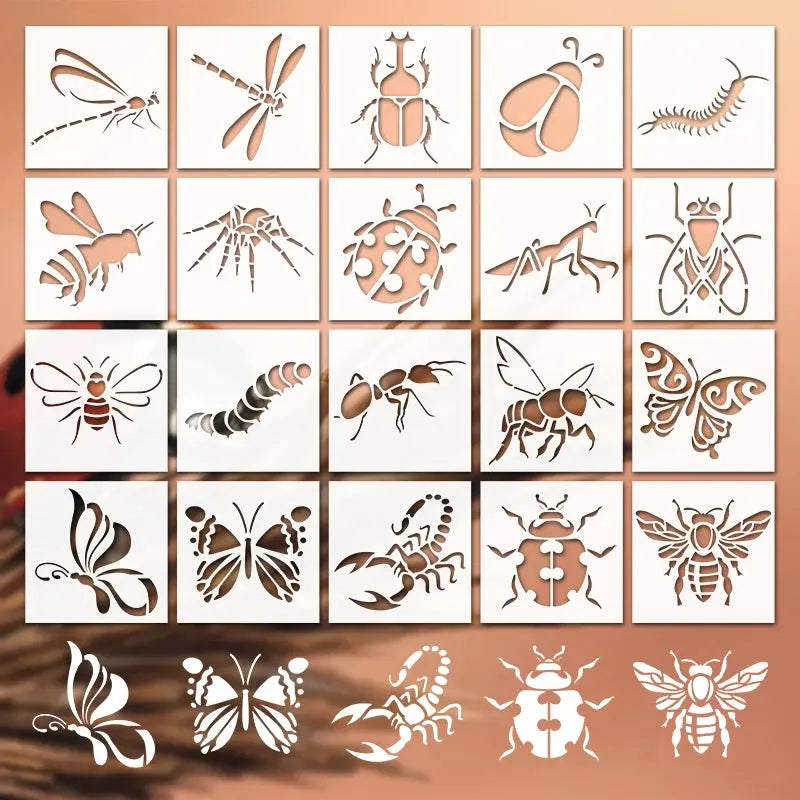 Pochoirs insecte lot 20 motifs : libellule scarabée coccinelle mante papillon scorpion fourmi