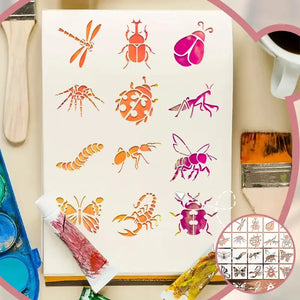 Pochoir insecte démonstration : 12 motifs peints en orange et fuchsia, café et palette à côté