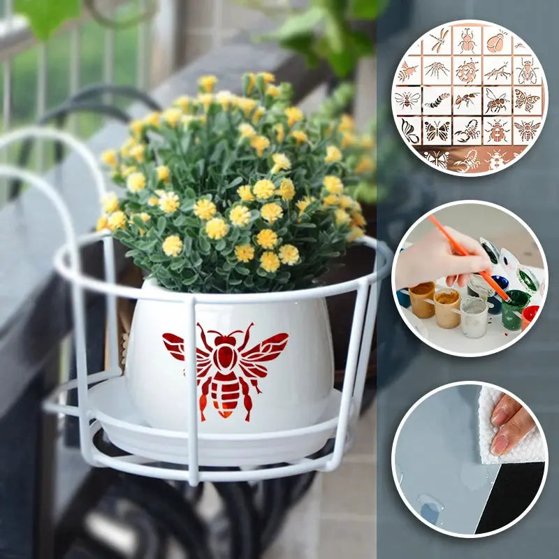Pochoir insecte abeille rouge sur pot de fleurs blanc en extérieur, démonstration en 3 étapes