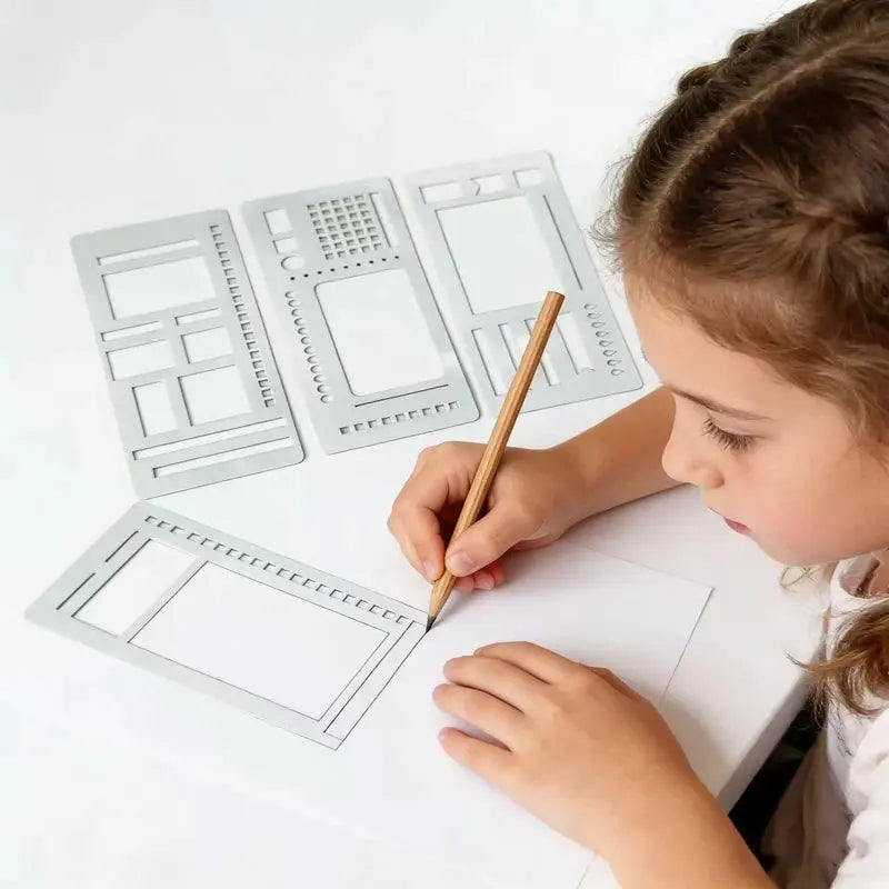 Pochoir journal mise en page tracée au crayon par enfant, plaques gabarit en plastique gris