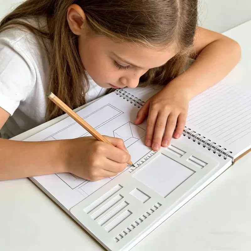 Pochoir journal posé sur carnet spirale, enfant trace les cadres au crayon papier en classe