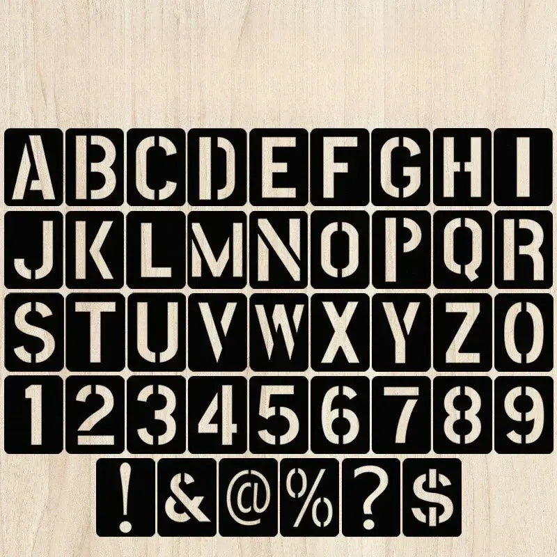 Pochoir lettre alphabet majuscules sans-serif épaisses noires, planche chiffres et signes