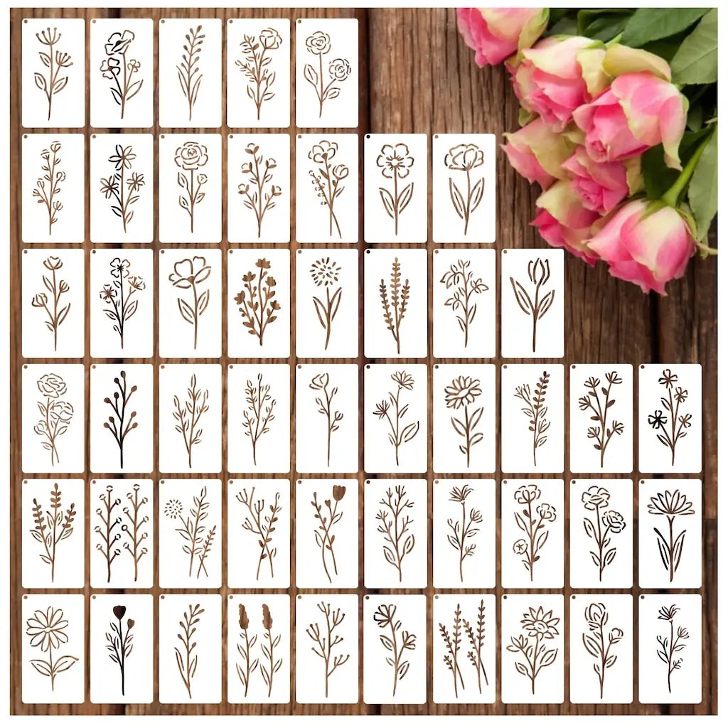 Pochoir lot fleurs 48 planches motifs botaniques variés, fleurs sauvages et bouquets ajourés