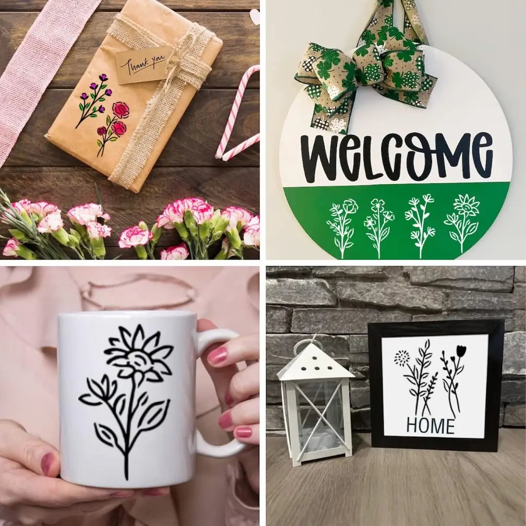 Pochoir lot fleurs inspirations : paquet kraft peint, panneau Welcome, mug sunflower, cadre Home