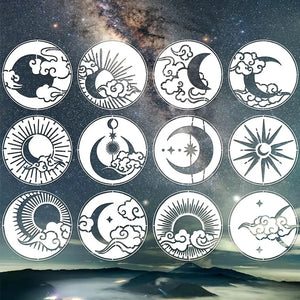 Pochoir lune étoile lot 12 rondelles : croissants nuages soleils rayonnants étoiles bohème