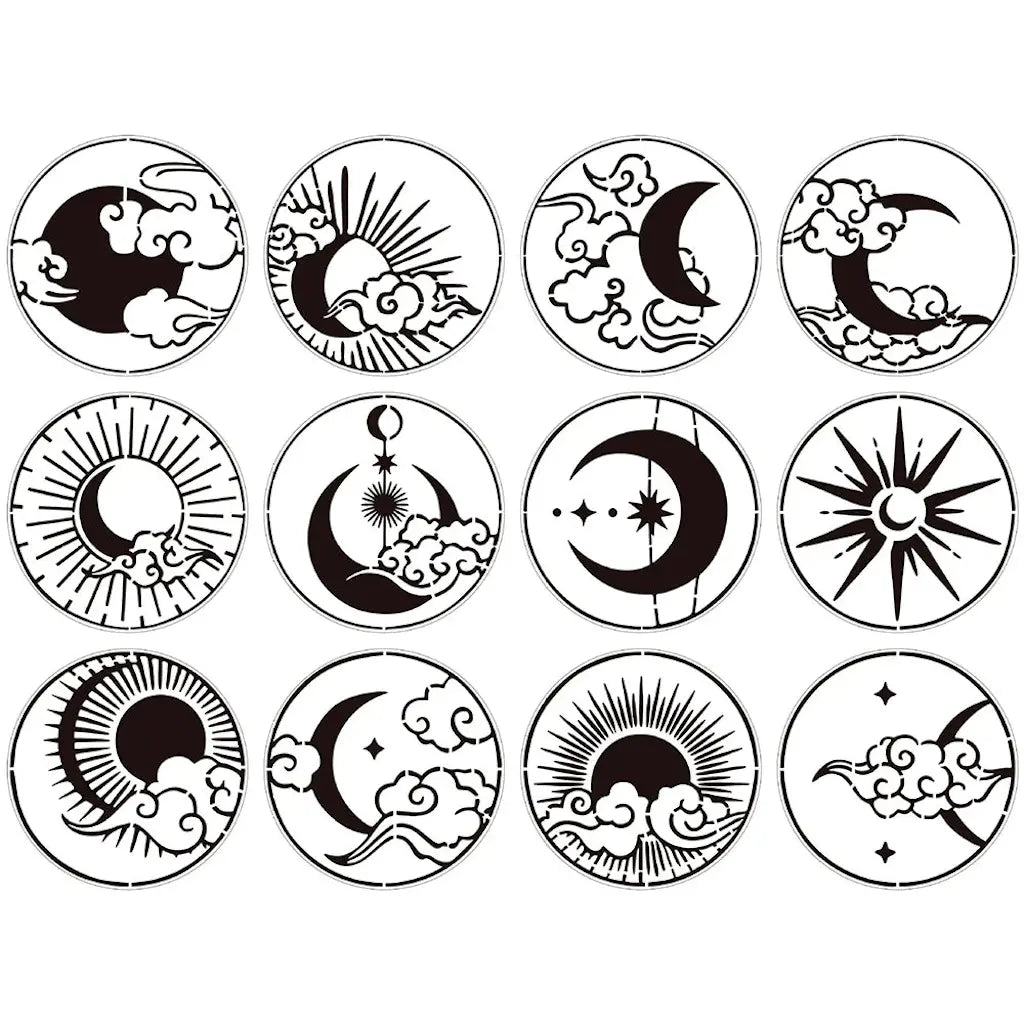 Pochoir lune étoile lot 12 rondelles fines : croissants nuages soleils étoiles asiatiques détaillés