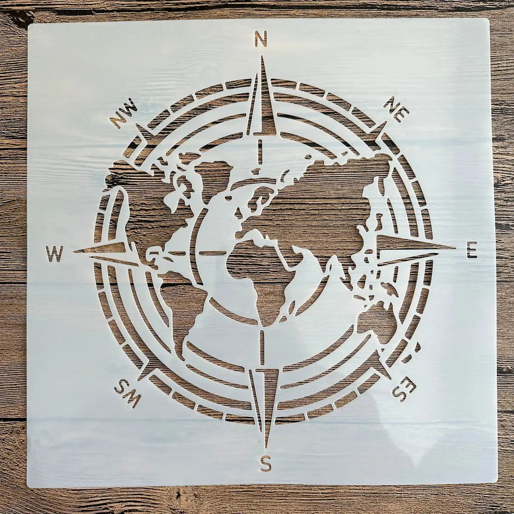 Pochoir Mandala Boussole carte du monde avec rose des vents