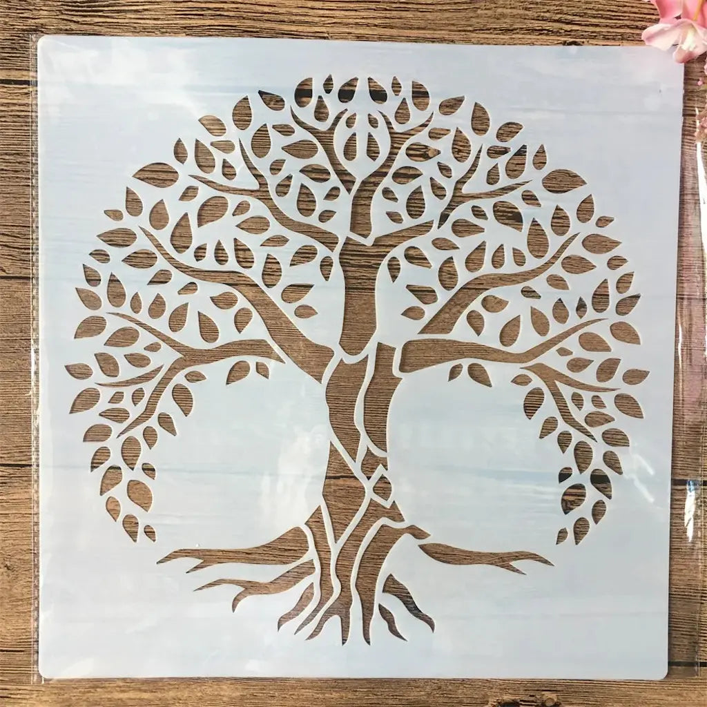 Pochoir arbre de vie aux racines déployées pour scrapbooking spirituel et mur déco