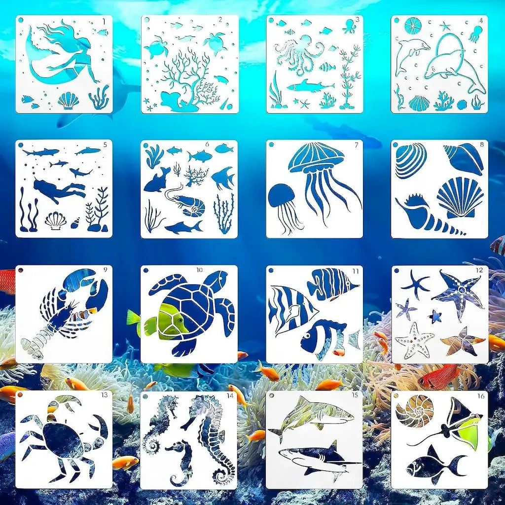 Pochoir marin lot 20 planches : poissons coraux méduses tortue dauphins sirènes et crustacés