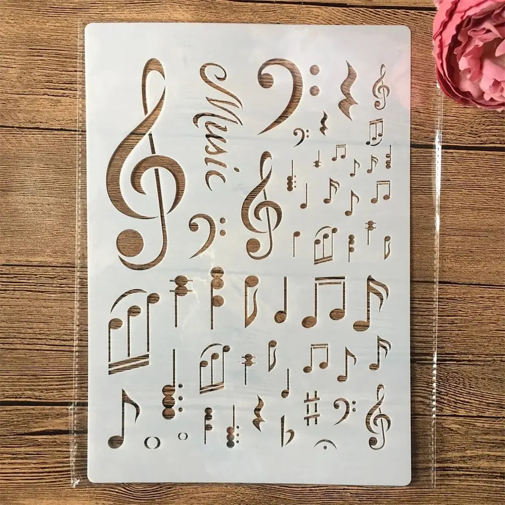 Pochoir musique mot Music cursive, notes croches portées clés sol et fa variées ajourées