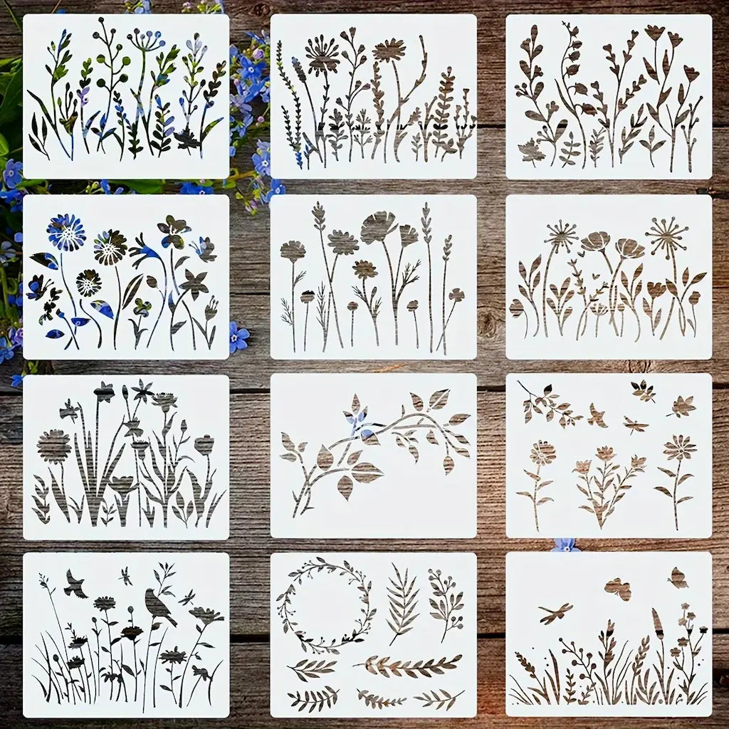 Pochoir nature lot 12 planches herbes folles, fleurs sauvages branches et couronne ajourés