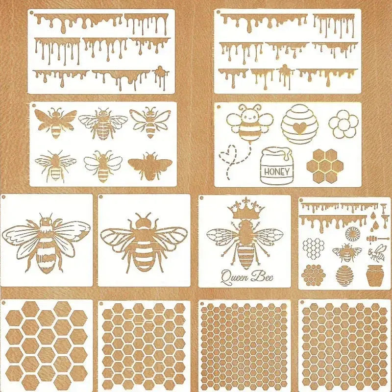 Pochoir nid d'abeille lot 12 planches : ruches abeilles miel coulant et hexagones variés