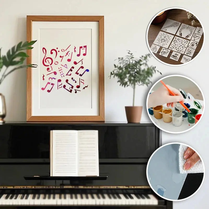 Pochoir Note de Musique multicolore encadré sur piano
