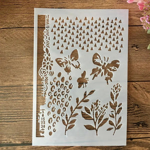 Pochoir nuage motif mixte papillons fleurs léopard et feuillages, triangles épars en haut
