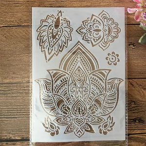 Pochoir nuage motif lotus mandala bohème, fleurs ornementales détaillées planche verticale